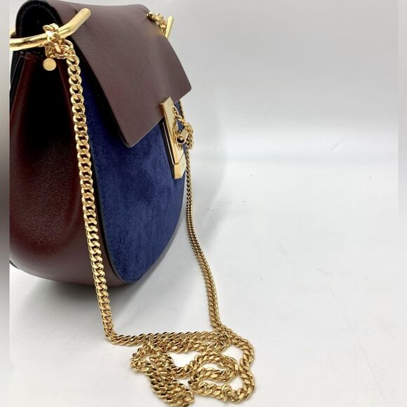 Auth Chloe Drew Mini Two Tone Leather Suede Navy Bordeaux Shoulder Bag - Picture 12 of 15